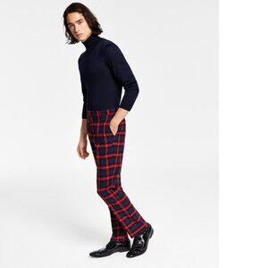Tommy Hilfiger Men's Modern-Fit Tan Plaid Dress Pants Navy 32x30 B4HP